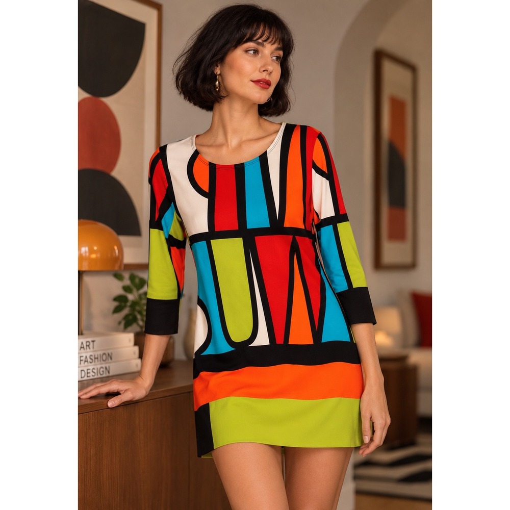Venue S Colorblock Geometric Mini Dress Orange Lime Turquoise